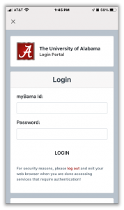 Screenshot of UA Login Portal. There are blanks to enter your myBama Id and Password. 