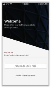 Screenshot of Go.Learn Welcome screen. Instructions: Please enter your platform address to access your LMS. A button reads "Proceed to Login Page."