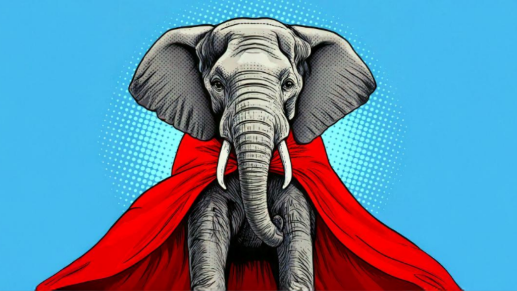 Comic book style elephant wearing a long flowing red cape is featured against a sky blue background